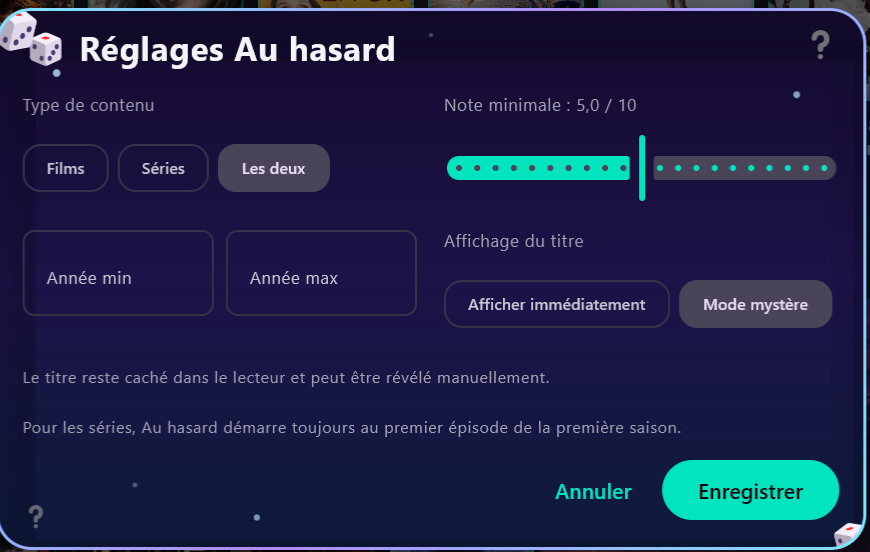 Réglages Au hasard
